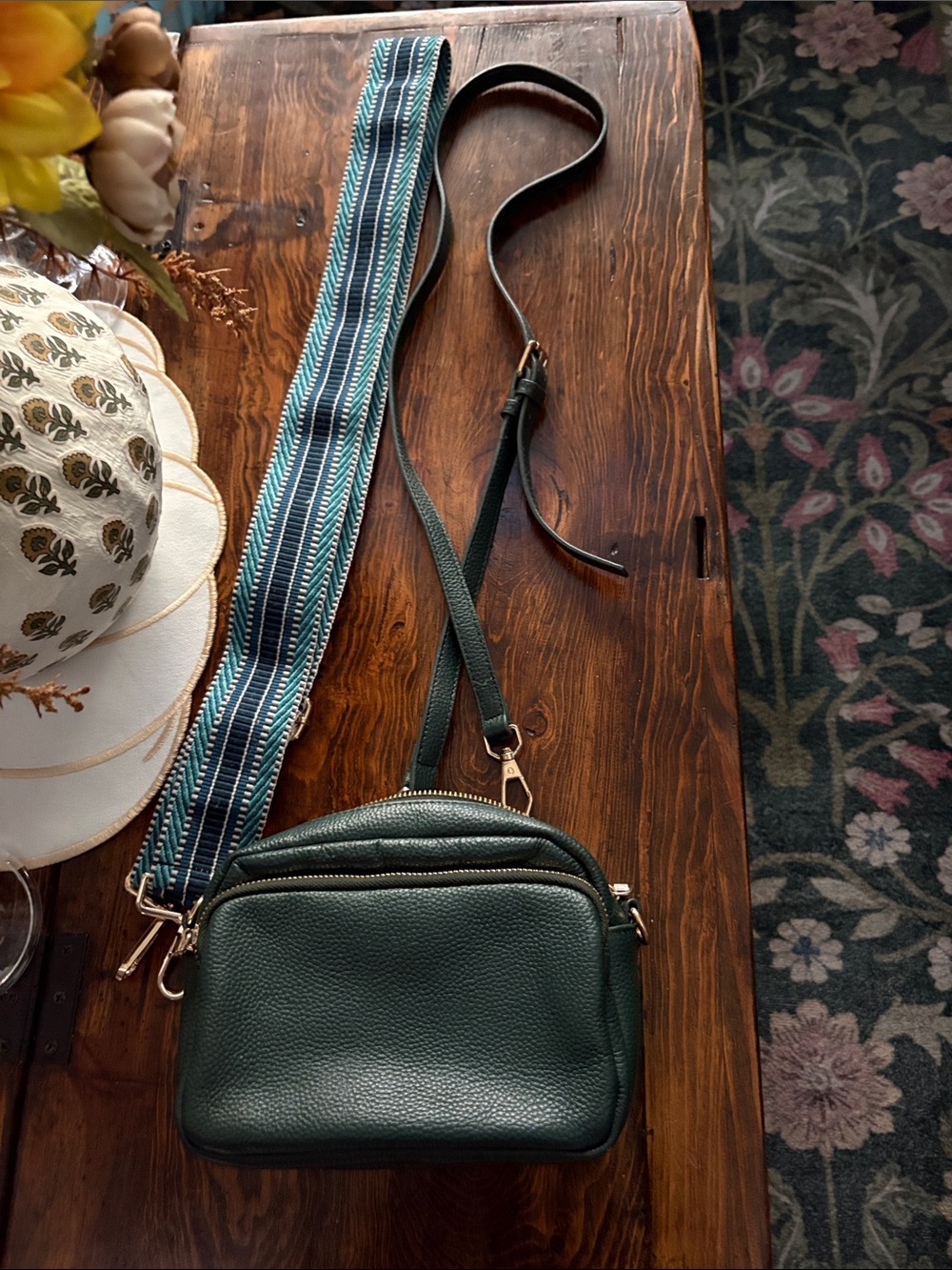 Compact Dark Green Crossbody Bag with Removable Wide Striped Strap